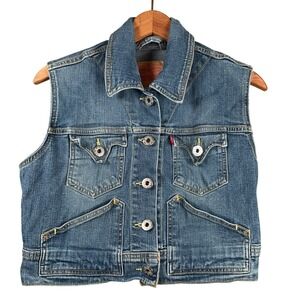 Levis Denim Trucker Vest Womens M Blue Medium Wash Cropped Sleeveless Jacket‎